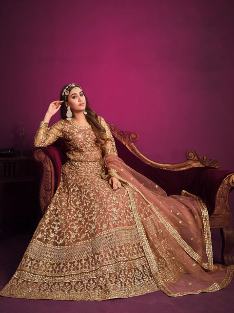 Coffee Brown Festive Embroidered Anarkali Suit In Sequins & zari work