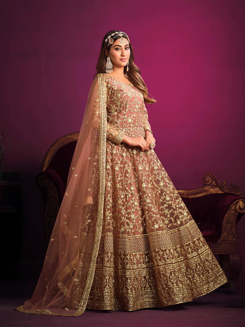 Coffee Brown Festive Embroidered Anarkali Suit In Sequins & zari work