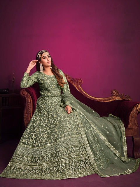 Green Anarkali Suit  With Sequins Embroidered Intricate Mughal Motifs
