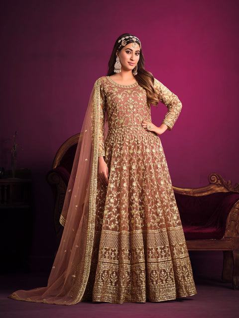 Coffee Brown Festive Embroidered Anarkali Suit In Sequins & zari work