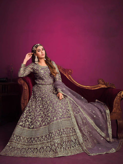 Purple Embroidered Net Anarkali Suit In Sequins And Zari Work