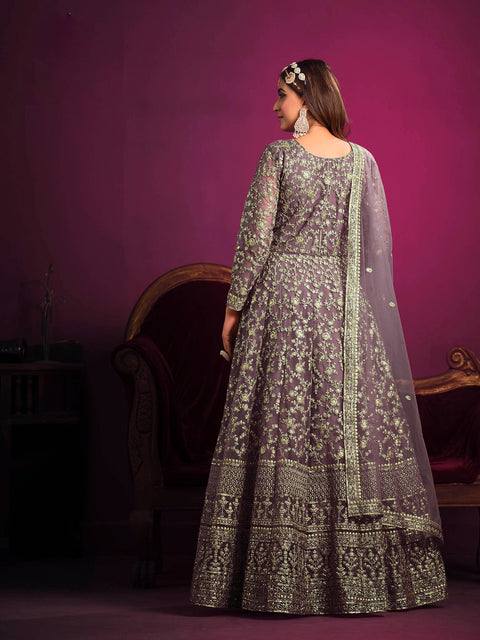 Purple Embroidered Net Anarkali Suit In Sequins And Zari Work
