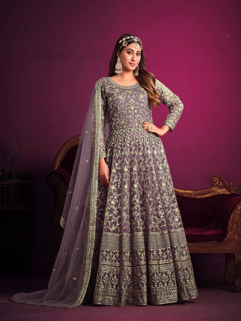 Purple Embroidered Net Anarkali Suit In Sequins And Zari Work