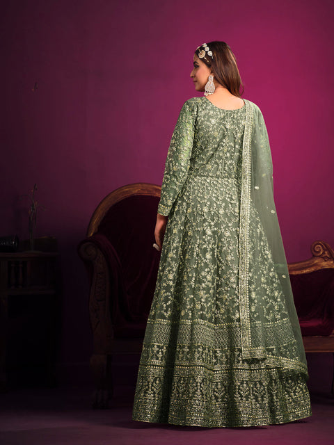 Green Anarkali Suit  With Sequins Embroidered Intricate Mughal Motifs
