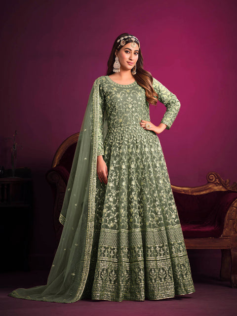 Green Anarkali Suit  With Sequins Embroidered Intricate Mughal Motifs