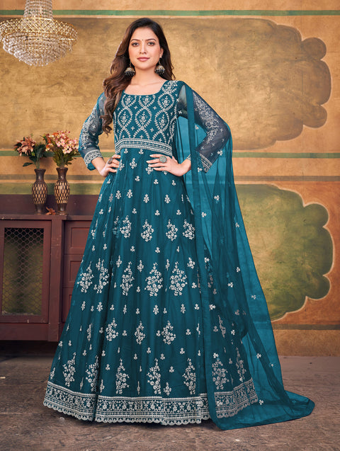 Teal Blue Embroidered Net Stylish Party Wear Anarkali Suit