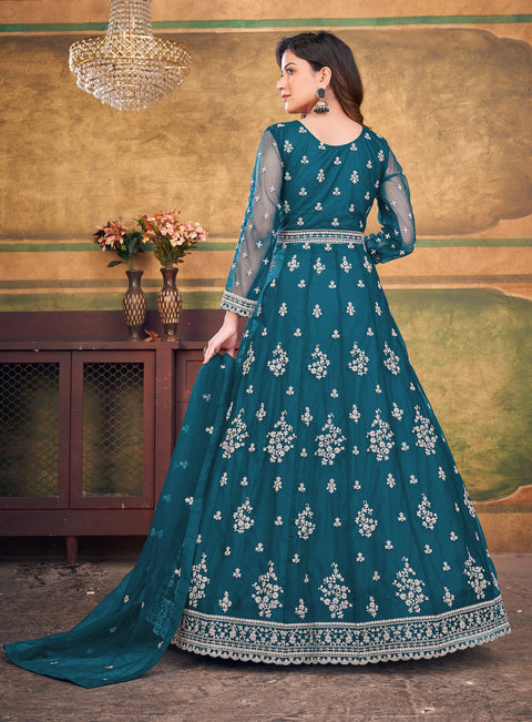Teal Blue Embroidered Net Stylish Party Wear Anarkali Suit