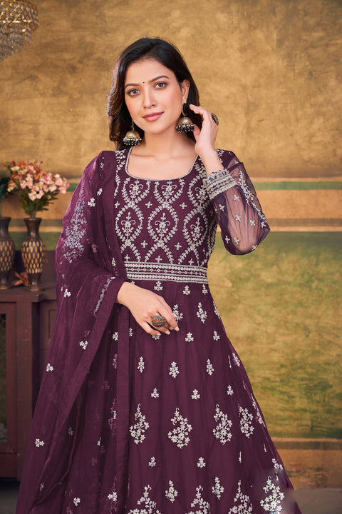 Purple Embroidered Net Stylish Party Wear Anarkali Suit