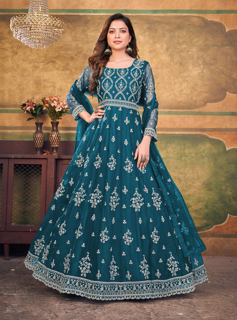 Teal Blue Embroidered Net Stylish Party Wear Anarkali Suit