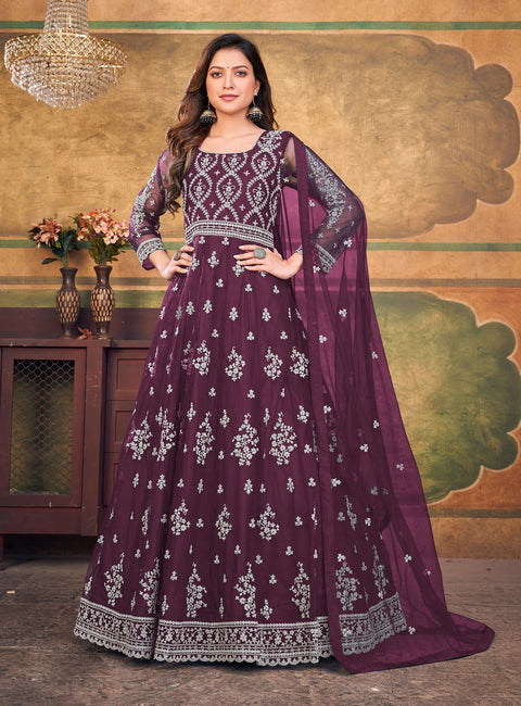 Purple Embroidered Net Stylish Party Wear Anarkali Suit