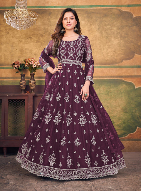 Purple Embroidered Net Stylish Party Wear Anarkali Suit