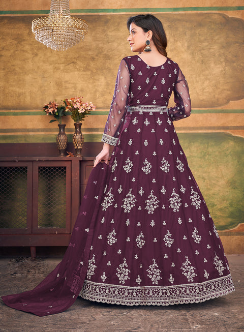 Purple Embroidered Net Stylish Party Wear Anarkali Suit