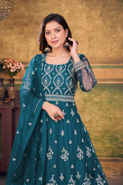 Teal Blue Embroidered Net Stylish Party Wear Anarkali Suit