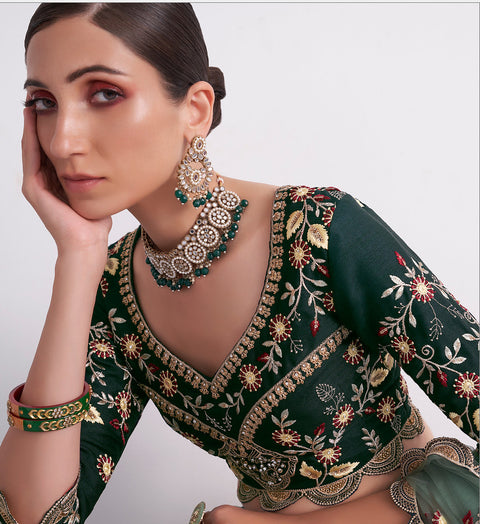 Captivating Green Embroidered Silk Lehenga Choli