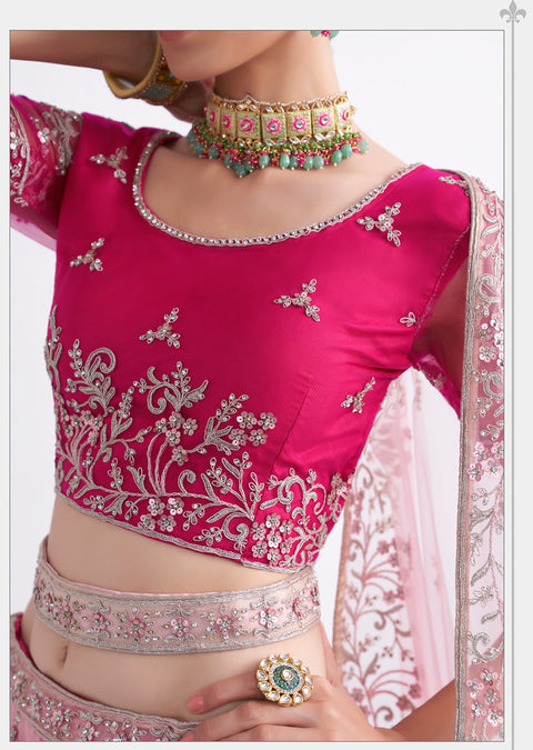 Glamourous  Pink Embroidered Net Lehenga Choli