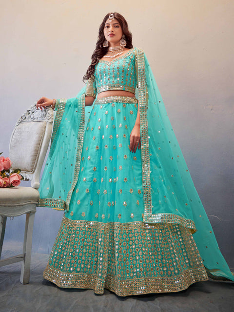 Trendy Sky Blue Partywear Embroidered Net Lehenga Choli