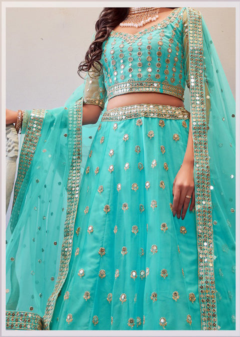 Trendy Sky Blue Partywear Embroidered Net Lehenga Choli