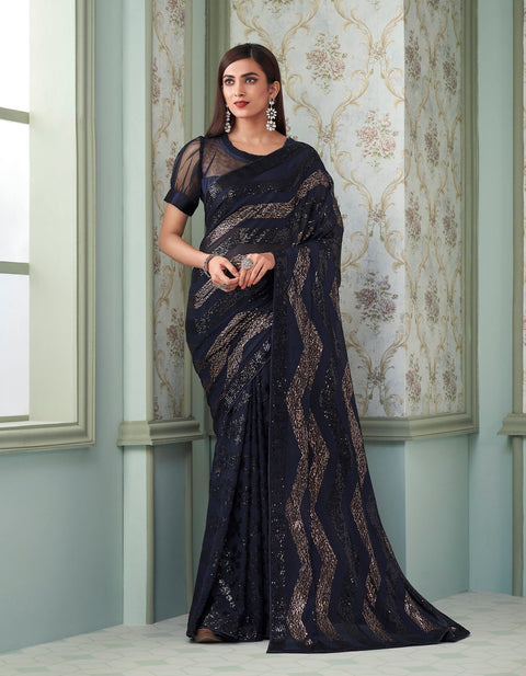 Midnight Blue Multiple Sequins Embroidered Georgette Designer Saree