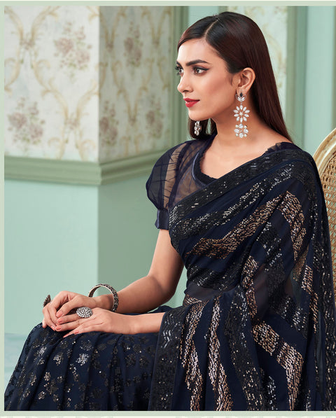 Midnight Blue Multiple Sequins Embroidered Georgette Designer Saree