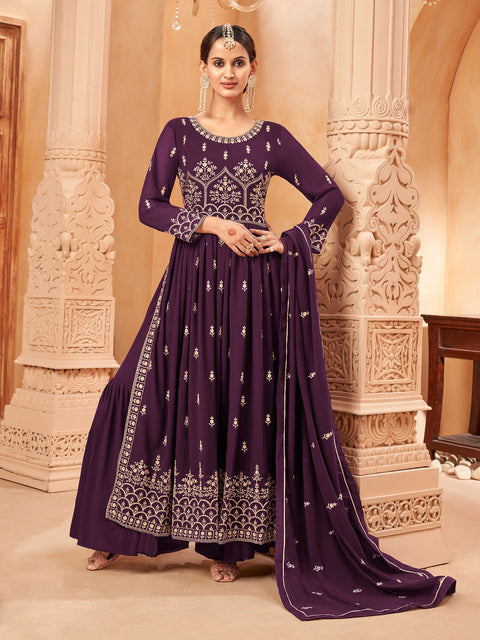 Purple Georgette Embroidered Naira Cut Party Wear Festive Suit