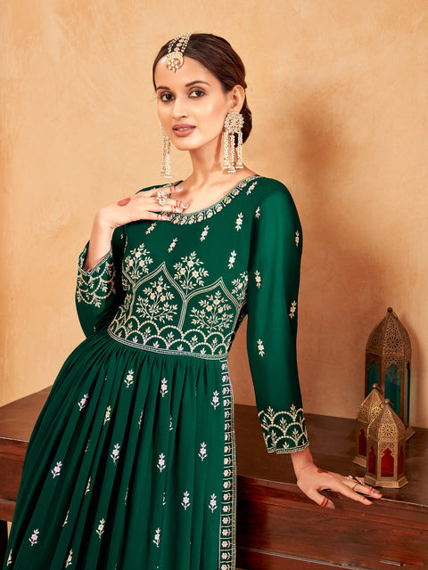 Green Georgette Embroidered Naira Cut Party Wear Festive Suit