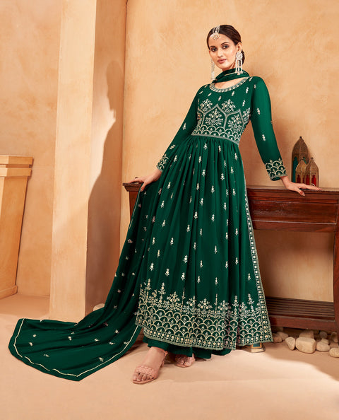 Green Georgette Embroidered Naira Cut Party Wear Festive Suit