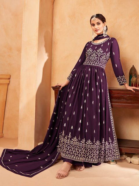 Purple Georgette Embroidered Naira Cut Party Wear Festive Suit