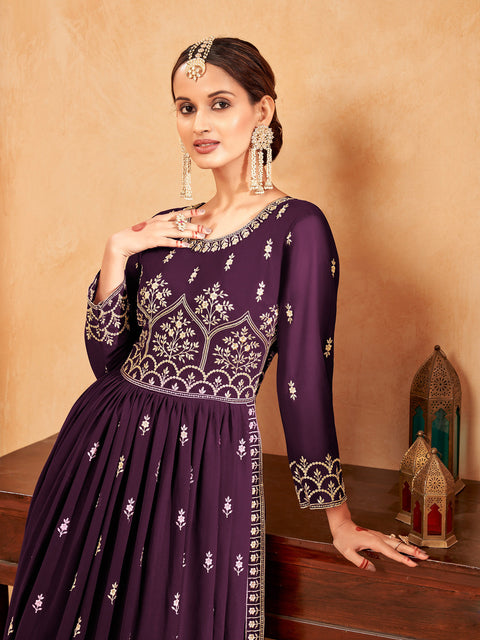 Purple Georgette Embroidered Naira Cut Party Wear Festive Suit
