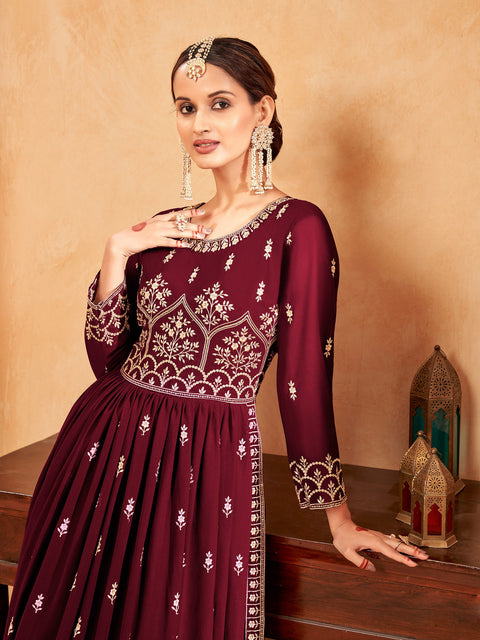 Marron Georgette Embroidered Naira Cut Party Wear Festive Suit