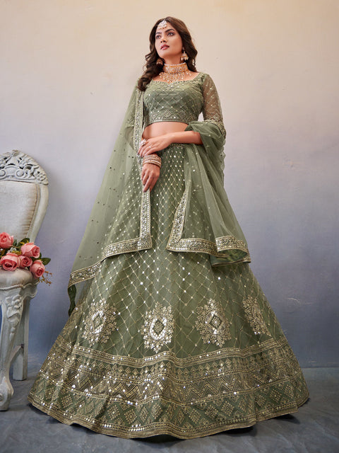 Mehndi Green  Festive Wear Sequins Work Soft Net Lehenga Choli