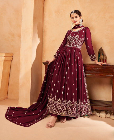 Marron Georgette Embroidered Naira Cut Party Wear Festive Suit