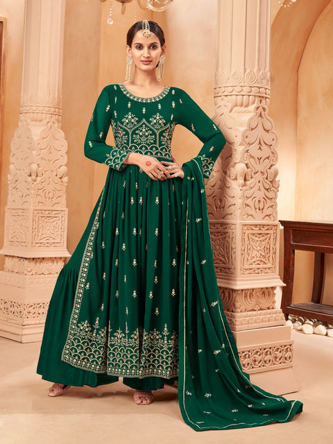 Green Georgette Embroidered Naira Cut Party Wear Festive Suit
