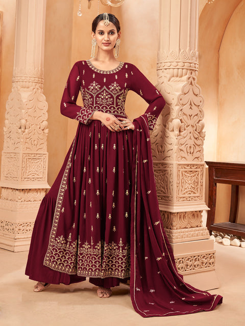 Marron Georgette Embroidered Naira Cut Party Wear Festive Suit