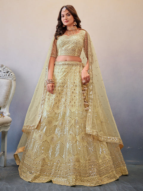 Exceptional Cream Colored Partywear Embroidered Net Lehenga Choli