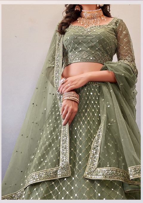 Mehndi Green  Festive Wear Sequins Work Soft Net Lehenga Choli