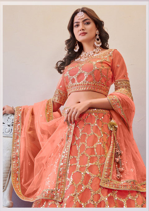 Light Orange Sequins Embroidered Netted Lehenga Choli