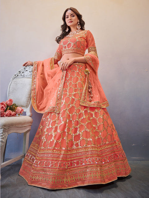 Light Orange Sequins Embroidered Netted Lehenga Choli