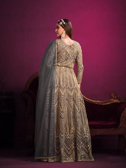 Grey Embroidered Net Anarkali Suit In Sequins And Zari Work
