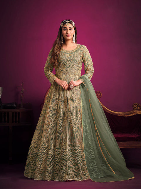 Green Anarkali Suit With Sequins Embroidered Intricate Mughal Motifs