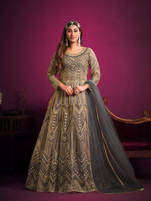 Grey Embroidered Net Anarkali Suit In Sequins And Zari Work