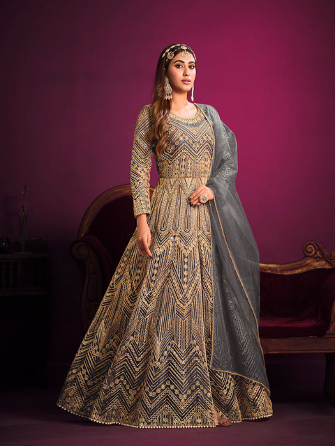 Grey Embroidered Net Anarkali Suit In Sequins And Zari Work