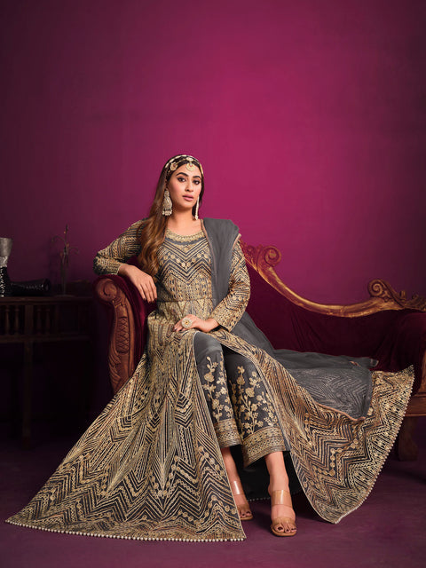 Grey Embroidered Net Anarkali Suit In Sequins And Zari Work