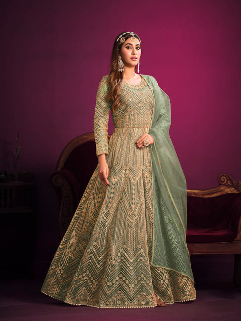Green Anarkali Suit With Sequins Embroidered Intricate Mughal Motifs
