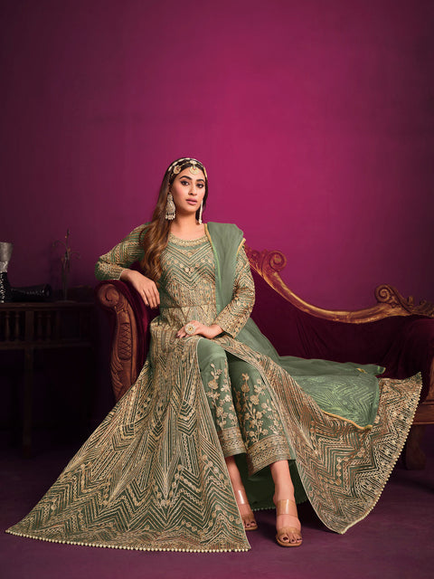 Green Anarkali Suit With Sequins Embroidered Intricate Mughal Motifs