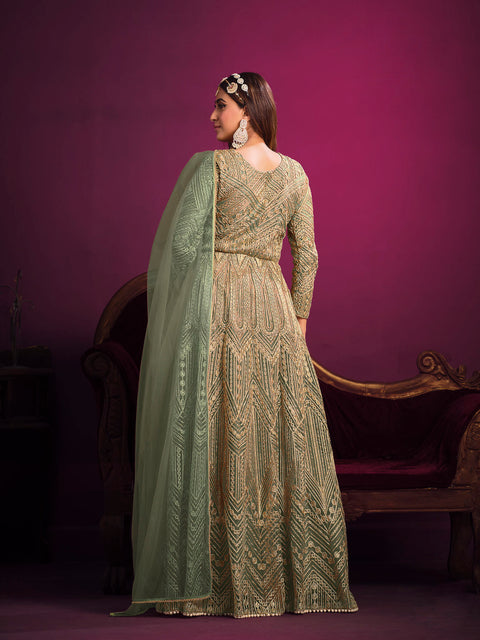 Green Anarkali Suit With Sequins Embroidered Intricate Mughal Motifs