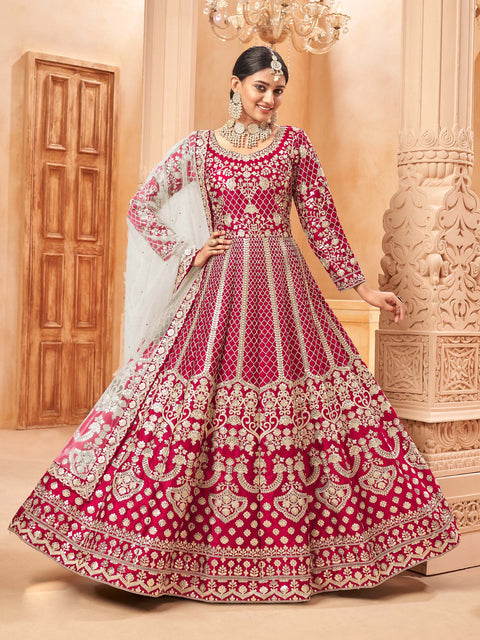 Hot Pink Silk Embroidered Festive Anarkali Suits