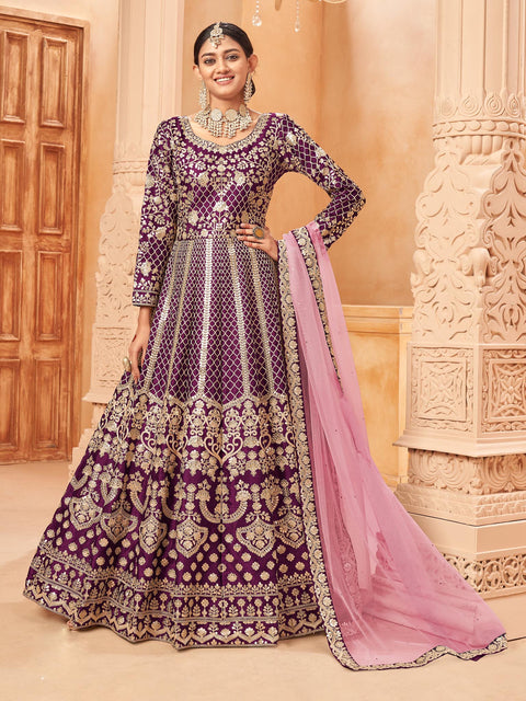 Purple Silk Embroidered Festive Anarkali Suit