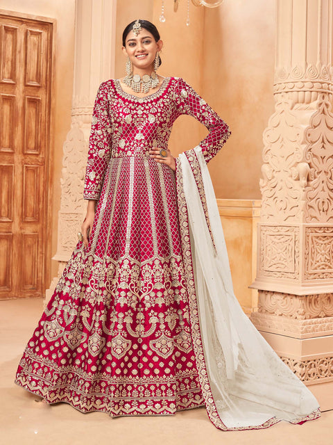 Hot Pink Silk Embroidered Festive Anarkali Suits