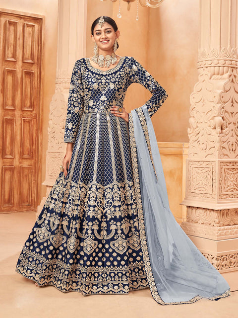 Navy-blue Silk Embroidered Festive Anarkali Suit