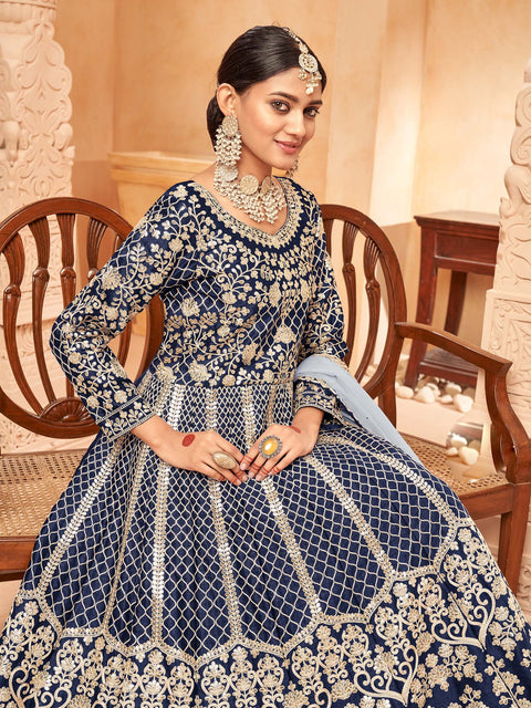Navy-blue Silk Embroidered Festive Anarkali Suit